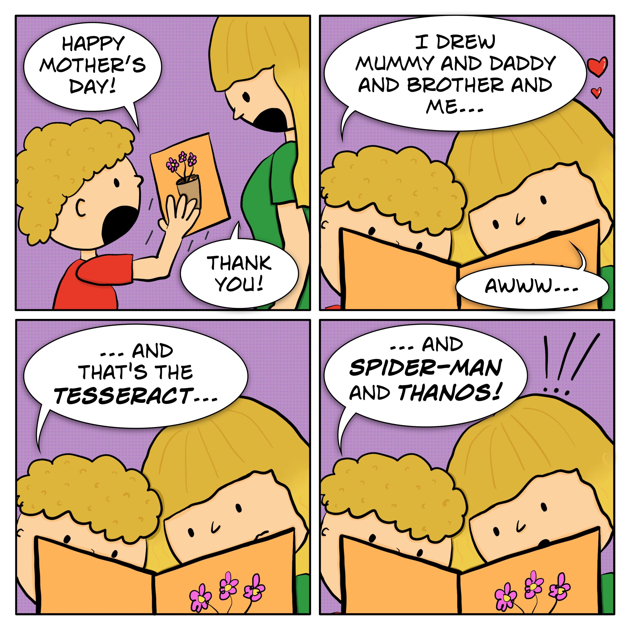Comic of a kid giving their mother a Mother's Day card, in which there's a drawing of their family, plus Marvel characters