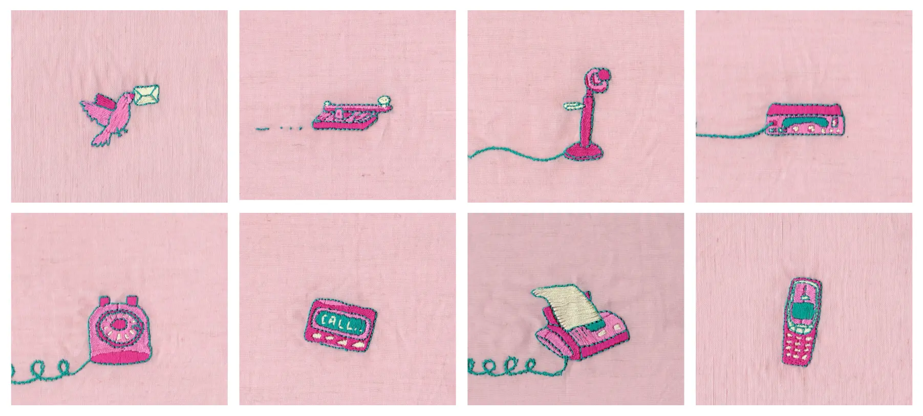 8 embroidered illustrations of obselete communication tools