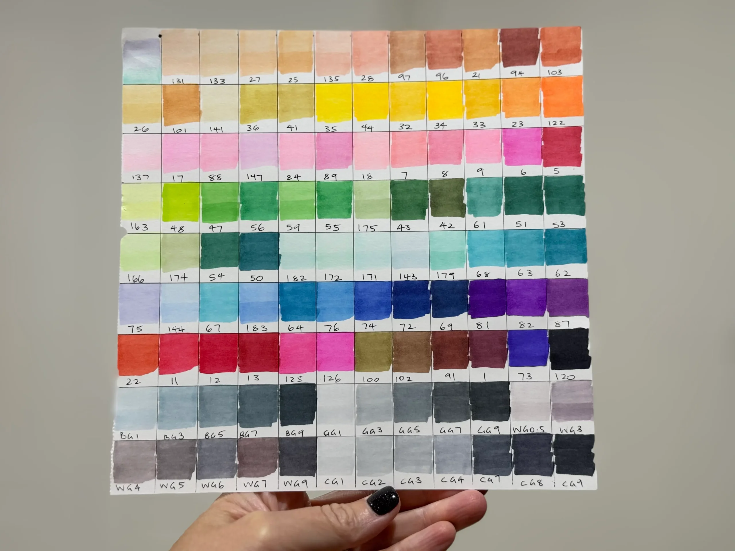 A colour chart of swatches from alcohol ink markers