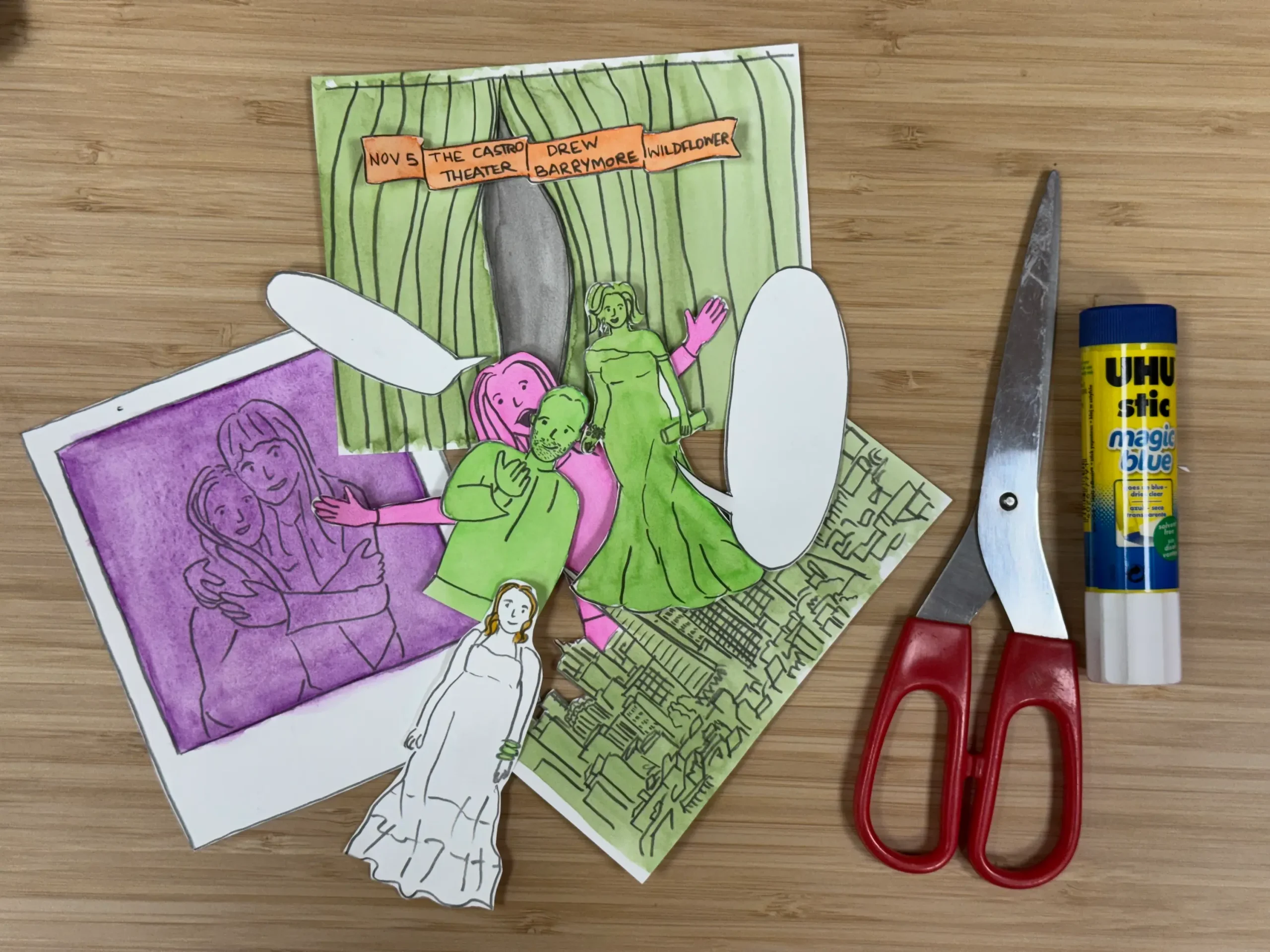 Painted paper elements for collage, with scissors and glue
