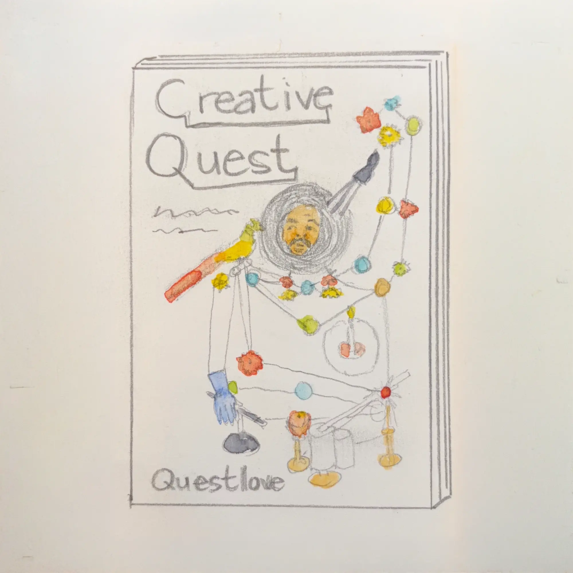 Book cover with the title 'Creative Quest' showing a whimsical illustration of a figure with molecular structures and colorful shapes connected around them