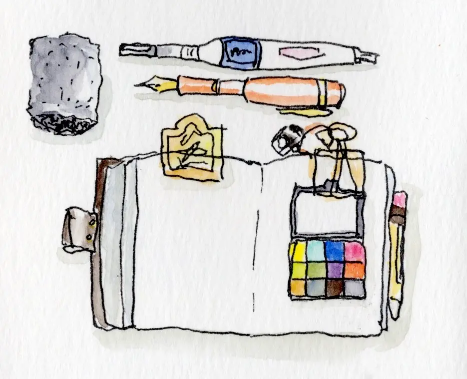 Hand-drawn illustration of an open sketchbook with pens, pencils, water brush, wristband, and watercolors